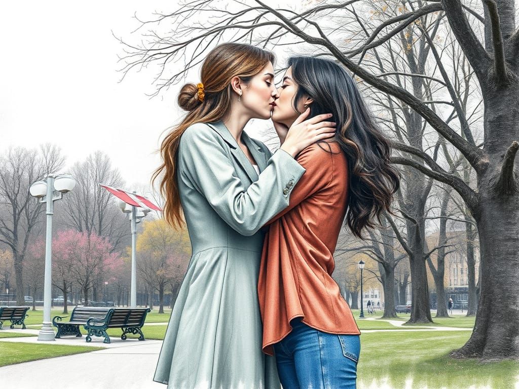 Women Embracing in Park: Colored Pencil Sketch