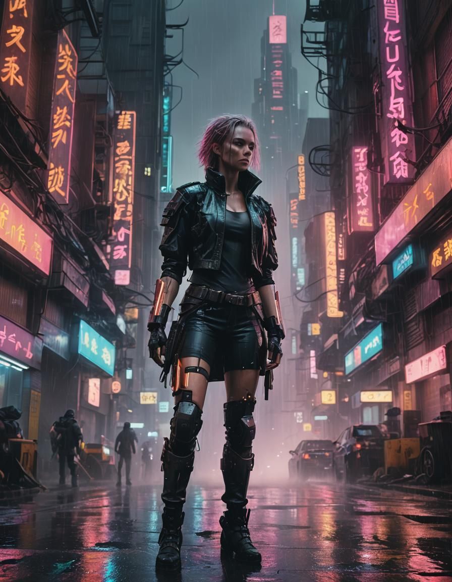 Cyberpunk Warrior Stands Tall in Rainy City
