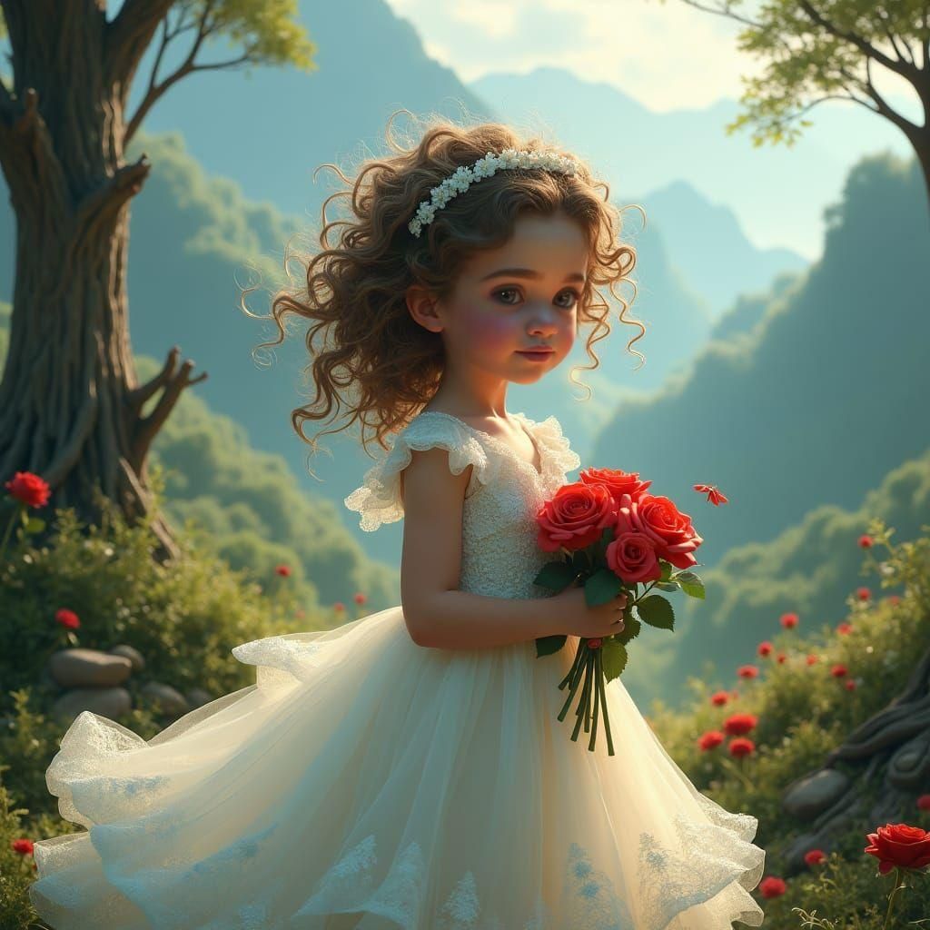 Little Girl Holding Roses: Detailed Matte Painting