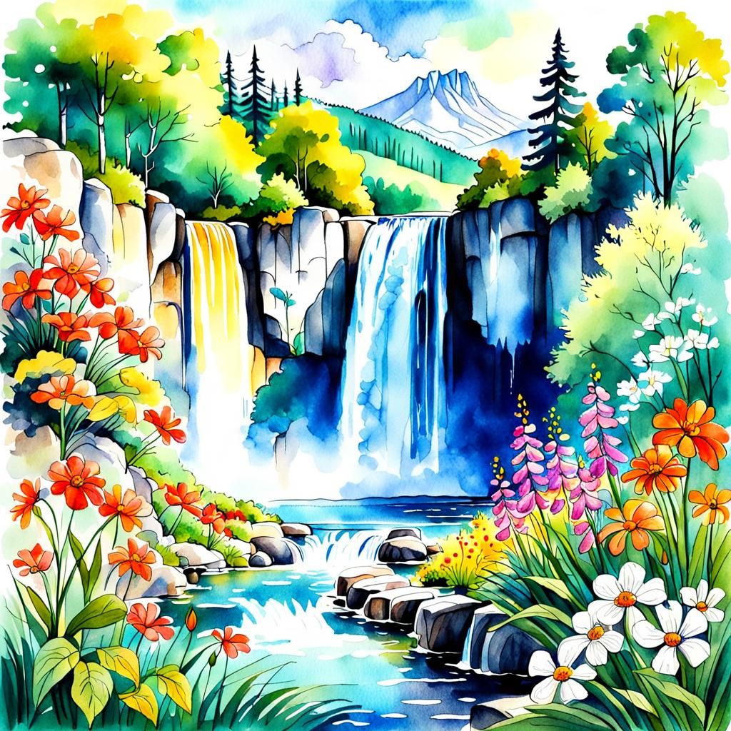 Watercolor Landscape with Waterfall and Flowers