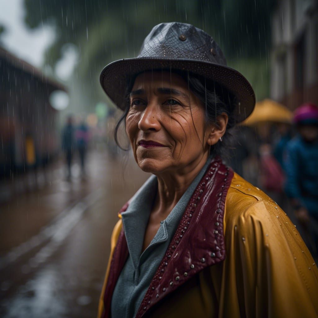 Chilean Woman Walking in Rain: Photojournalistic Style