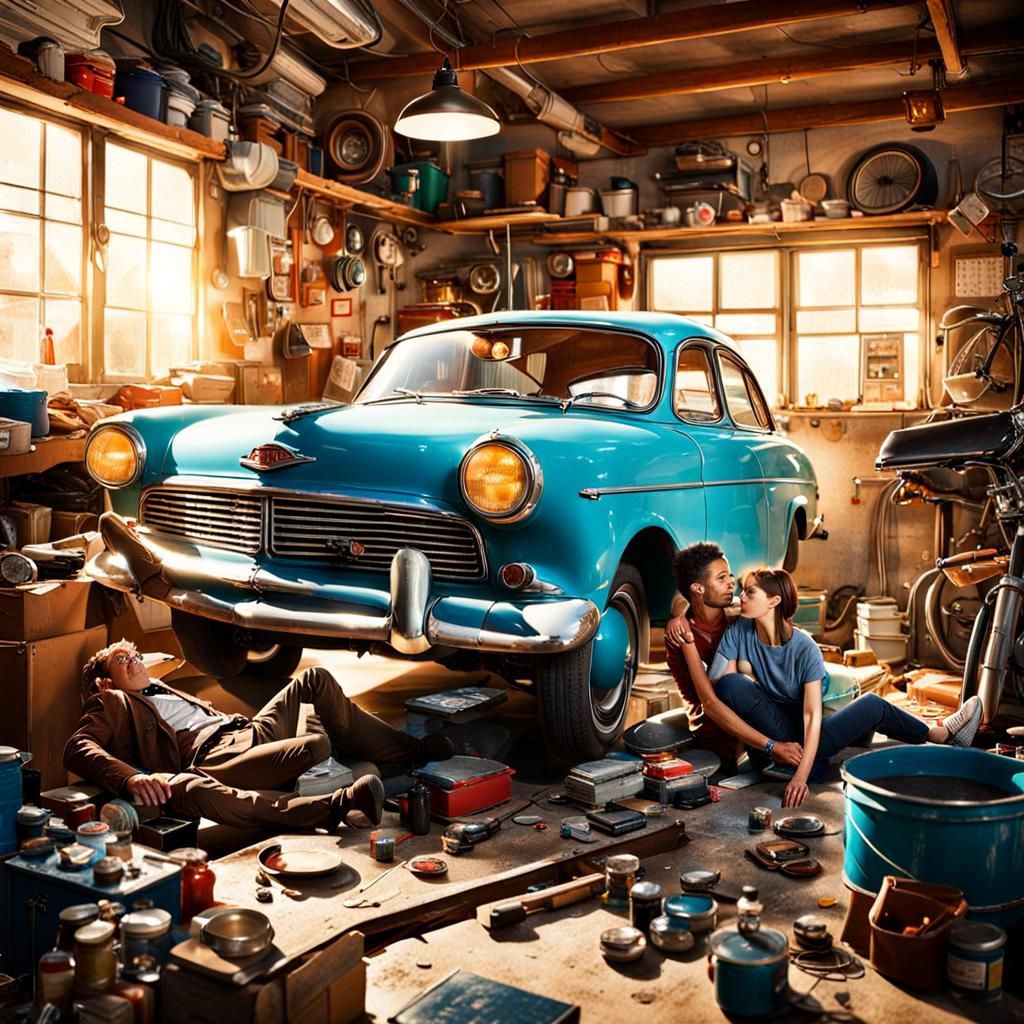 Intimate Garage Scene in Cluttered Sci-Fi Style