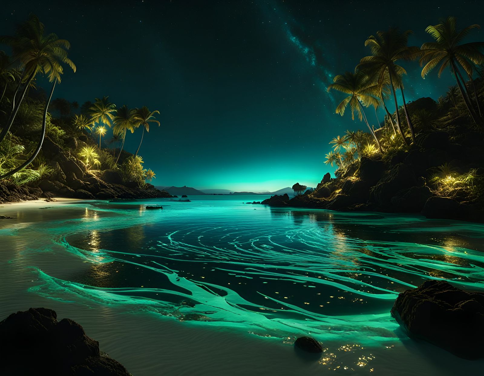 Bioluminescent Bay at Night, Hyperrealistic Rendering
