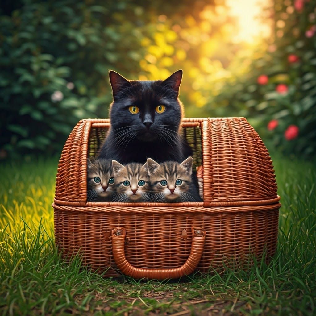 Majestic Black Cat and Kittens in Vibrant Garden Scene