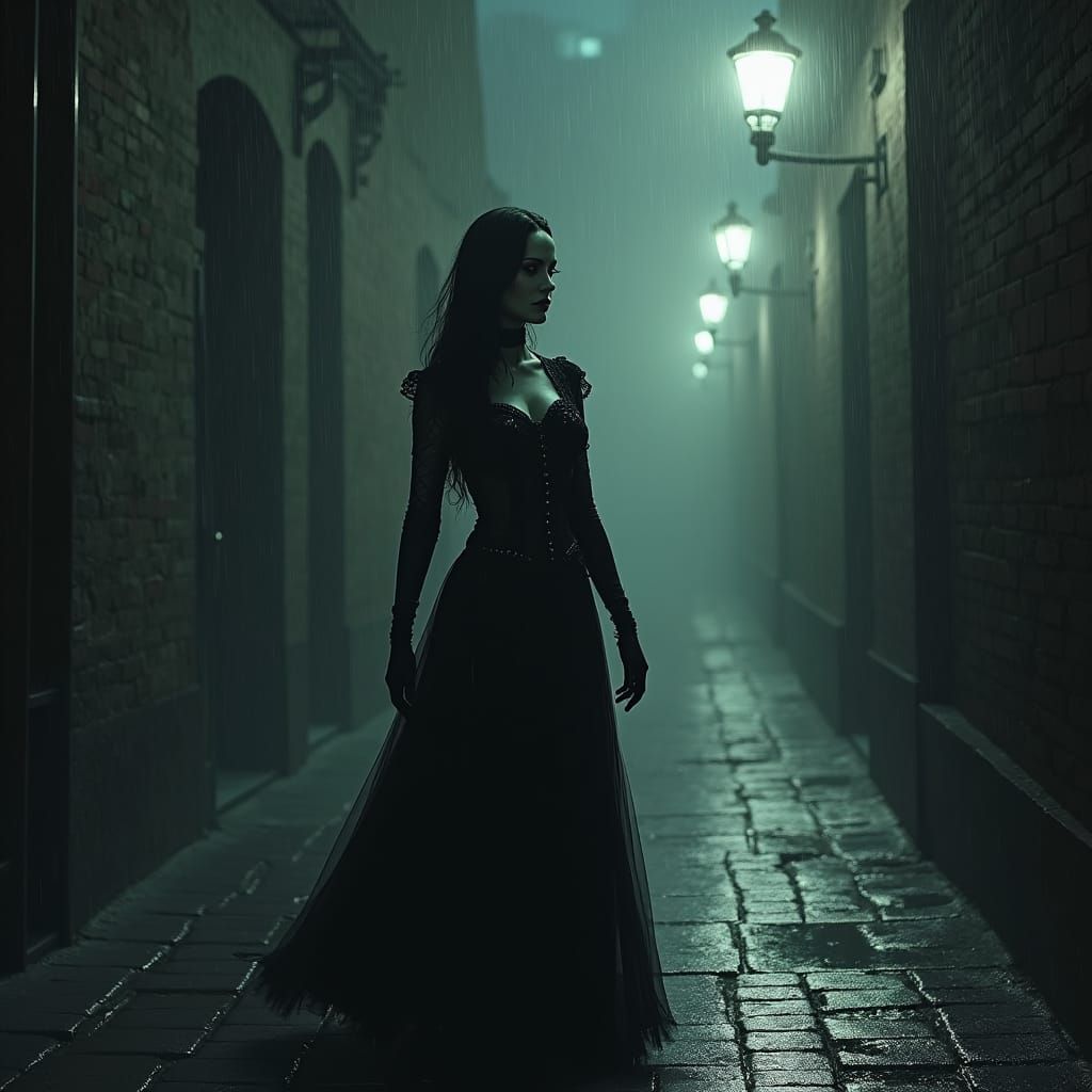 Morticia Addams in Rainy Alleyway: 8k Matte Painting