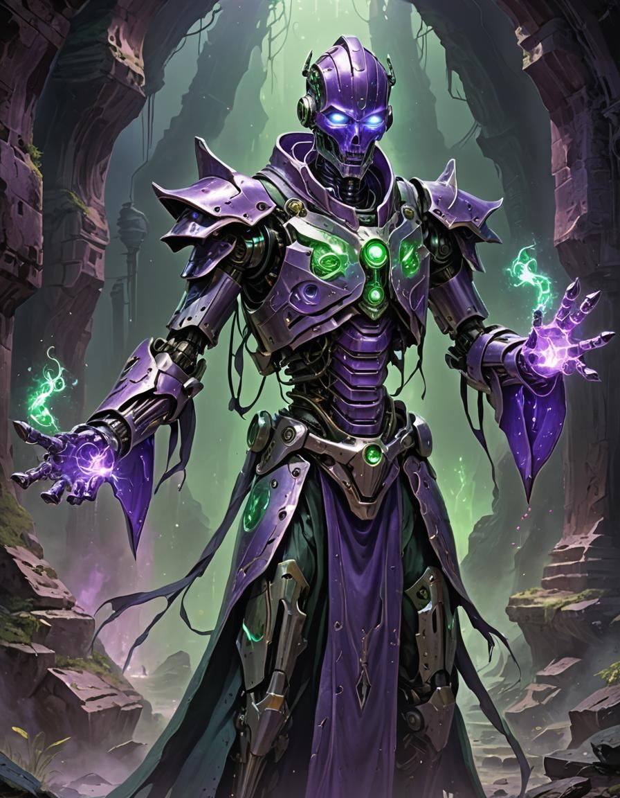 Robot Mage Casting Spell in Glowing Cavern