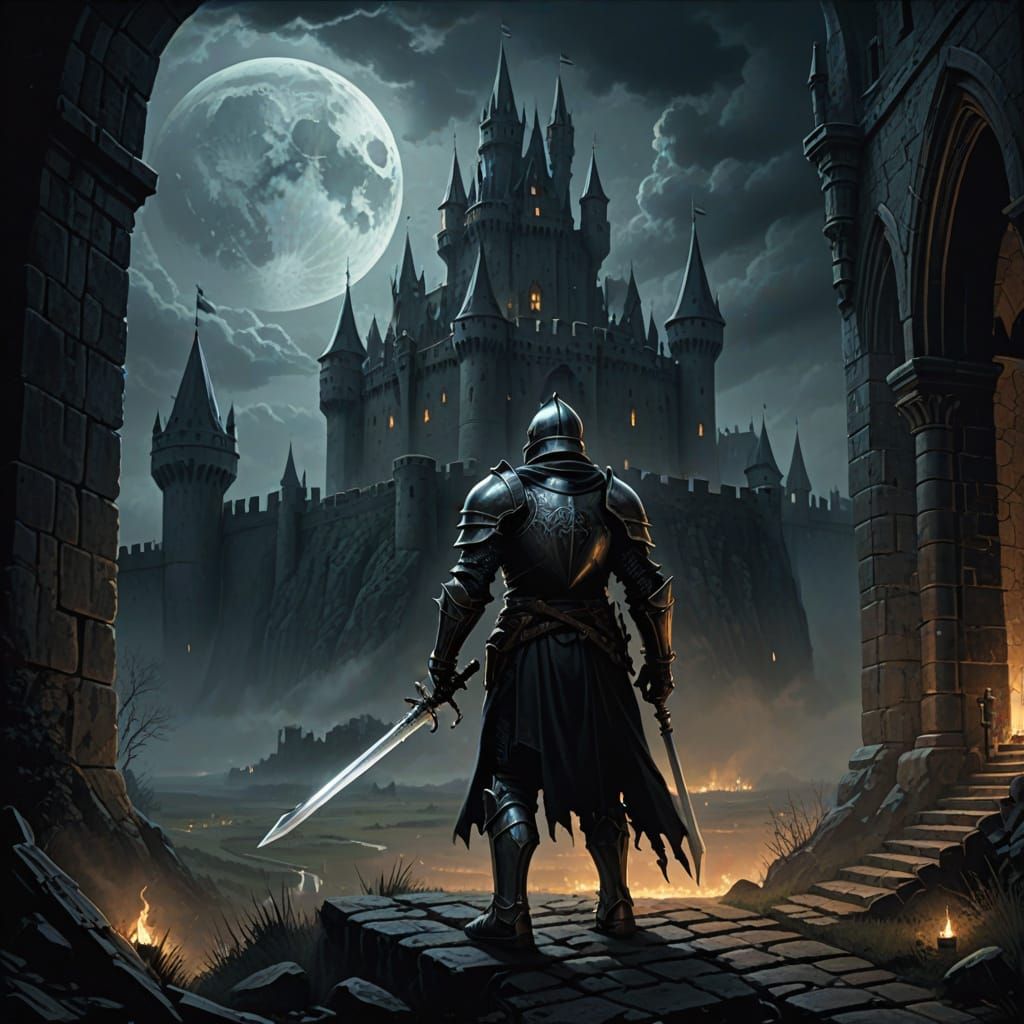 Epic Knight Faces Grim Castle Under Eerie Moonlight