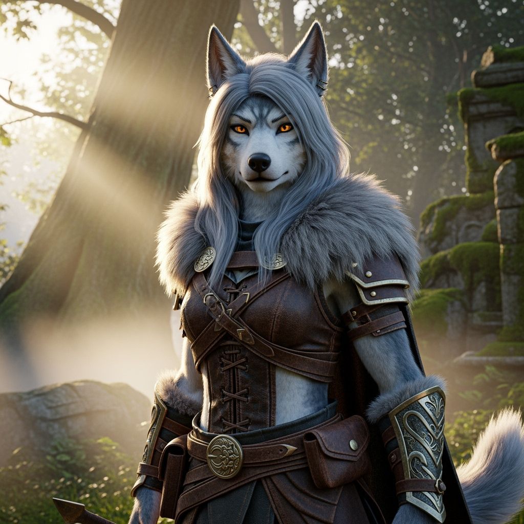 Anthropomorphic Wolf Girl in Ancient Forest Sunrise