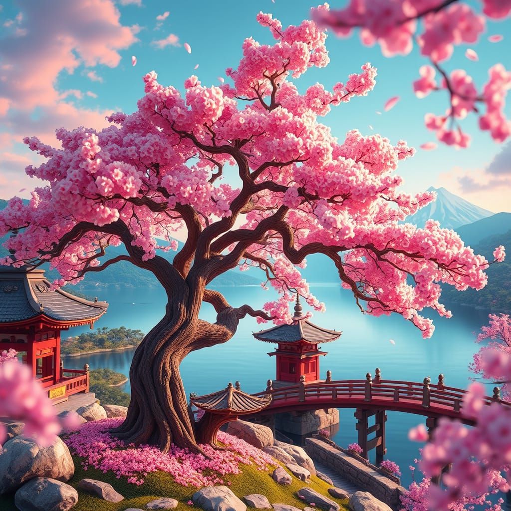 Elegant Ancient Sakura Tree in Traditional Japanese Landscap...