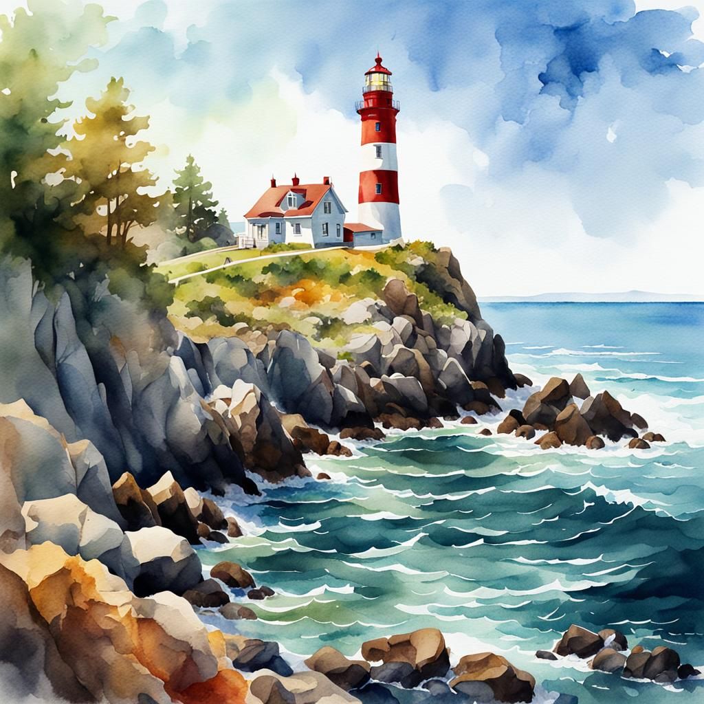 Lighthouse on Rocky Shore: Digital Watercolor Painting