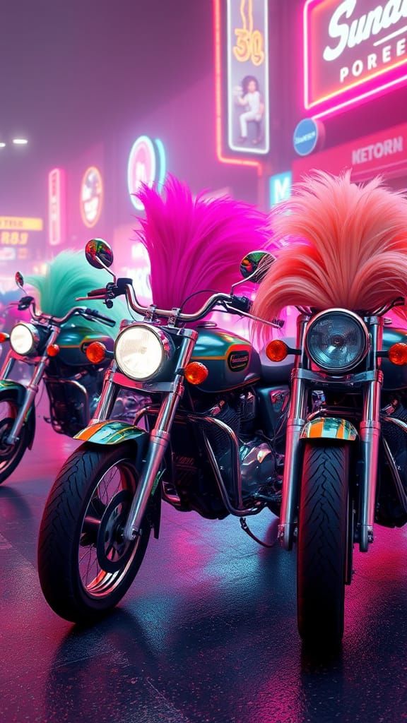 Motorcycles With Wigs on Neon Street