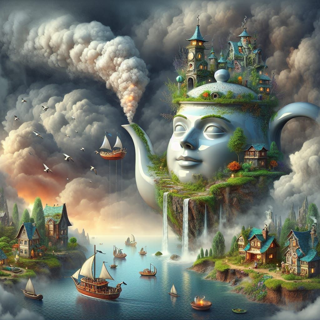 Sentient Teapot Portal to Tiny World: Surreal Image