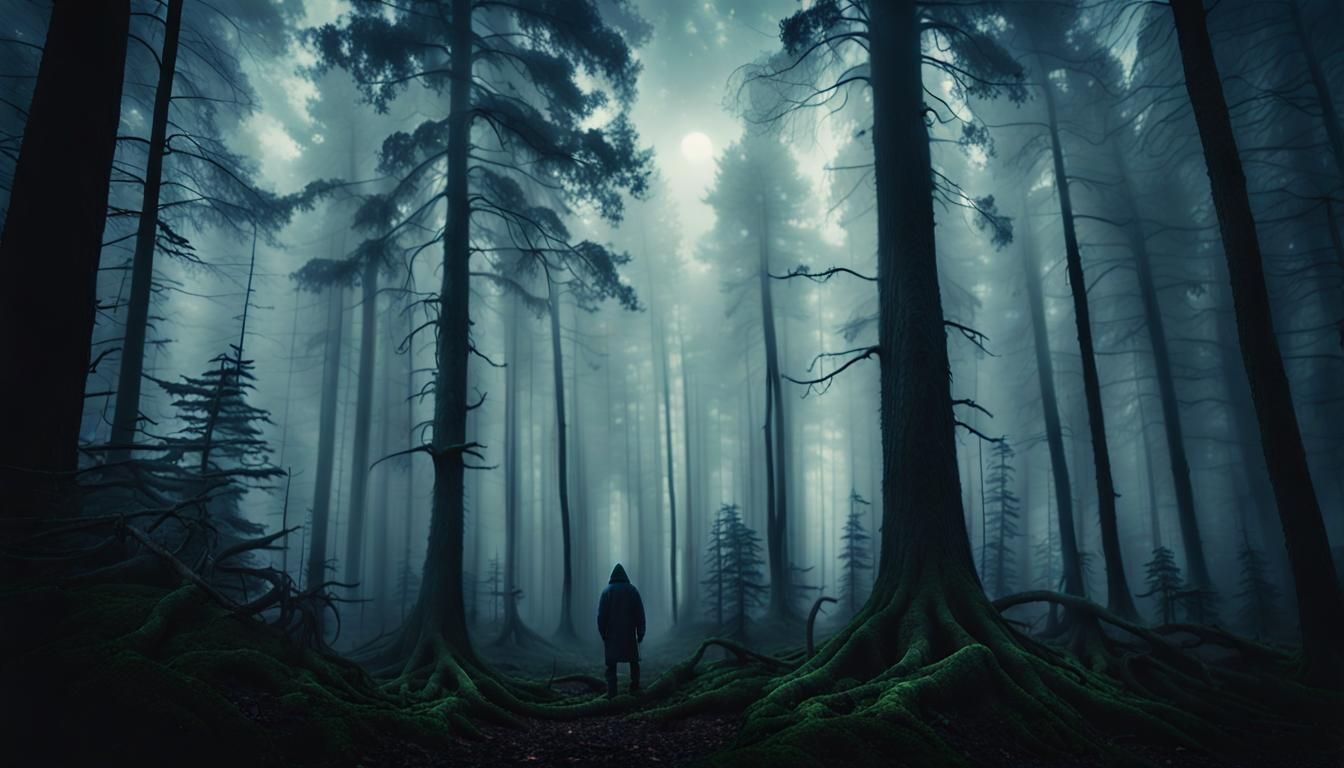 Eerie Forest with Tall Figure: Cinematic Film Still