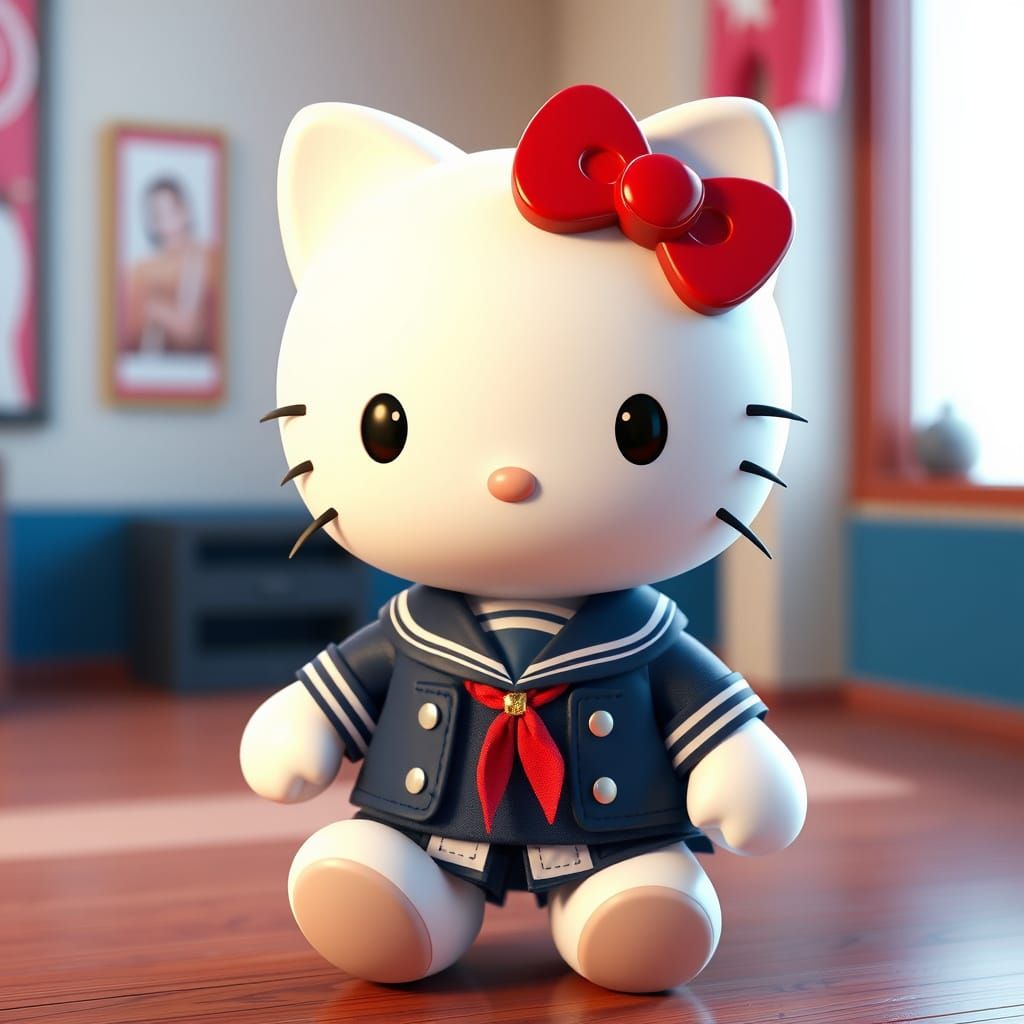 Hello Kitty in Vibrant School Uniform, Anime-Inspired 3D Art
