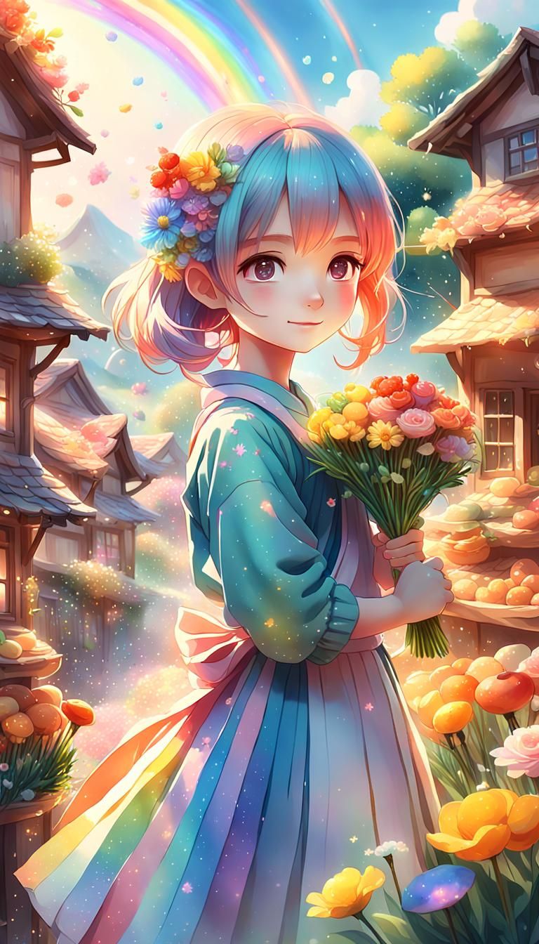 Anime Girl Creates Wonders with Magic Brush in Watercolor St...