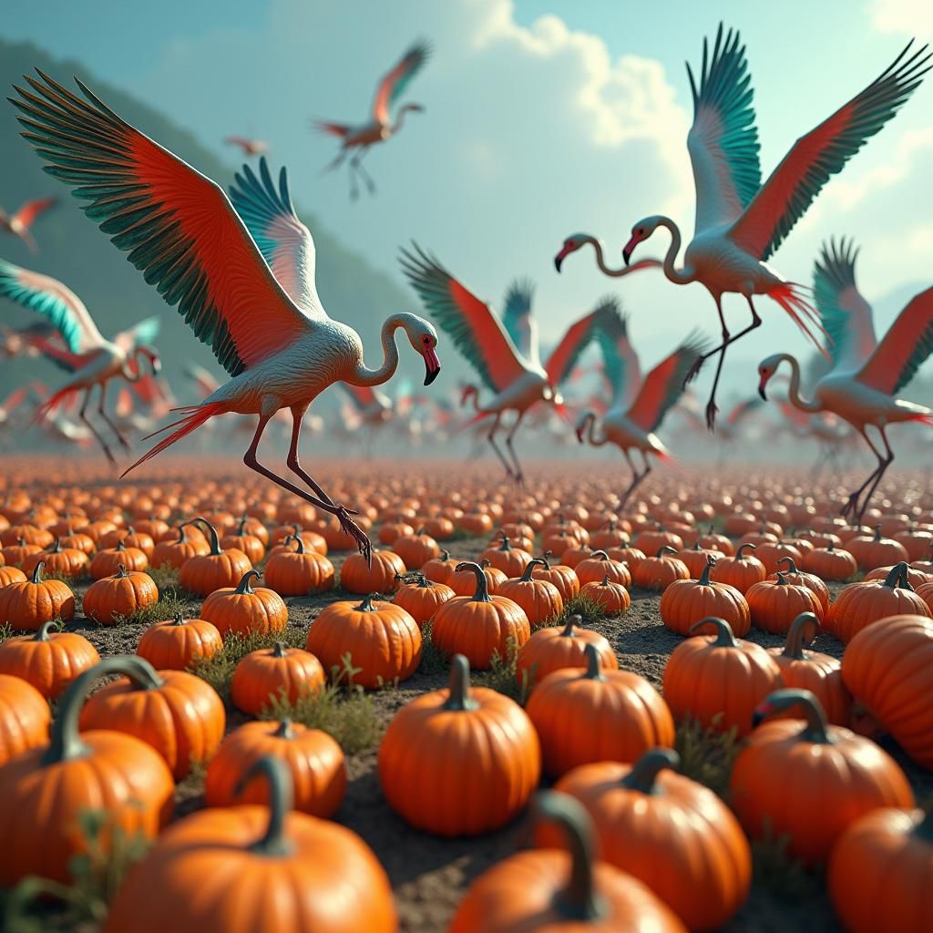 Blue Flamingos Ravage Pumpkin Patch: Digital Art