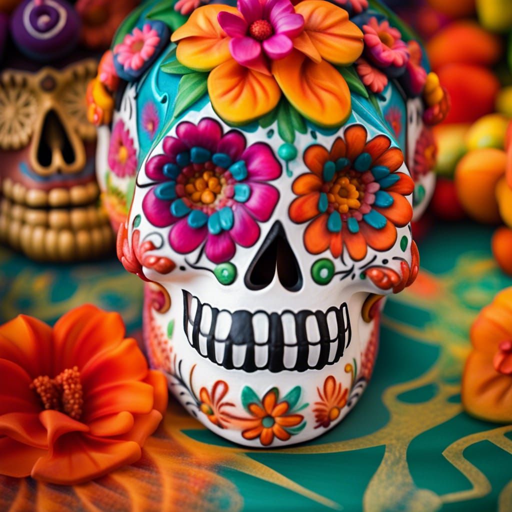 Día de los Muertos, colorful sugar skulls or design vibrant ofrendas to honor the departed