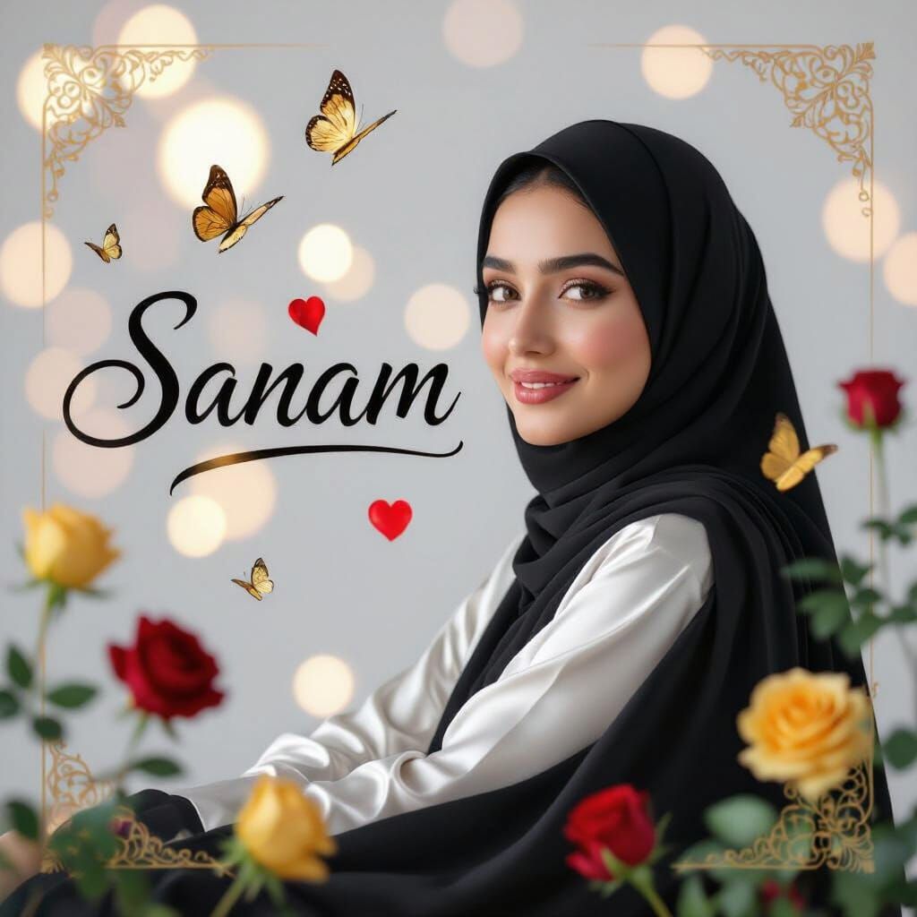 Muslim Woman Portrait With Gold Butterflies and Roses