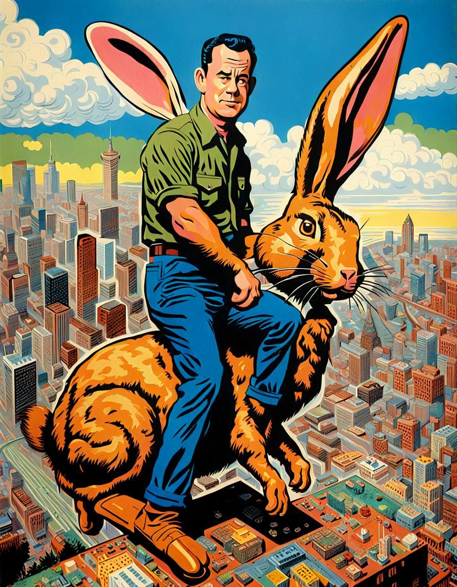 Tom Hanks Rides a Giant Rabbit in Comic Book Art