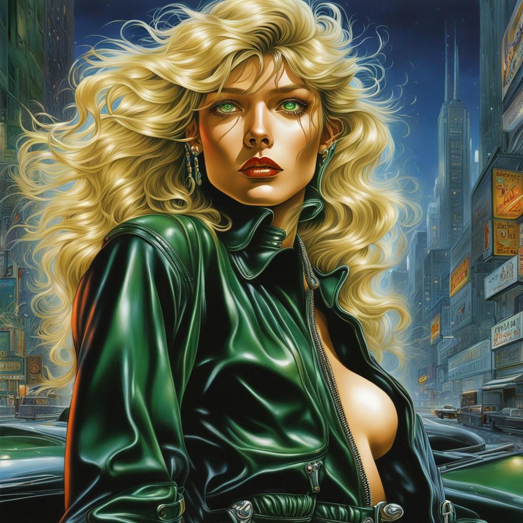 Retro-Futuristic Illustration of Woman in Leather Jumpsuit