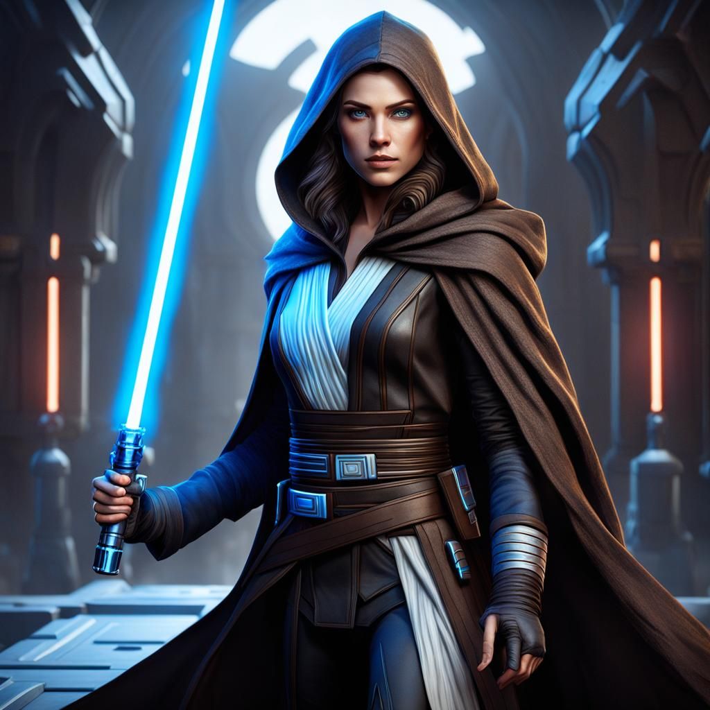 Young Female Jedi with Lightsaber, Detailed Matte Painting