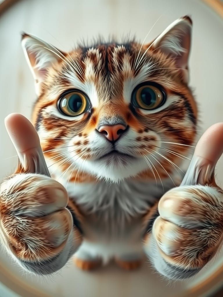 Hyperrealistic Cat Giving Thumbs Up with Fisheye Lens