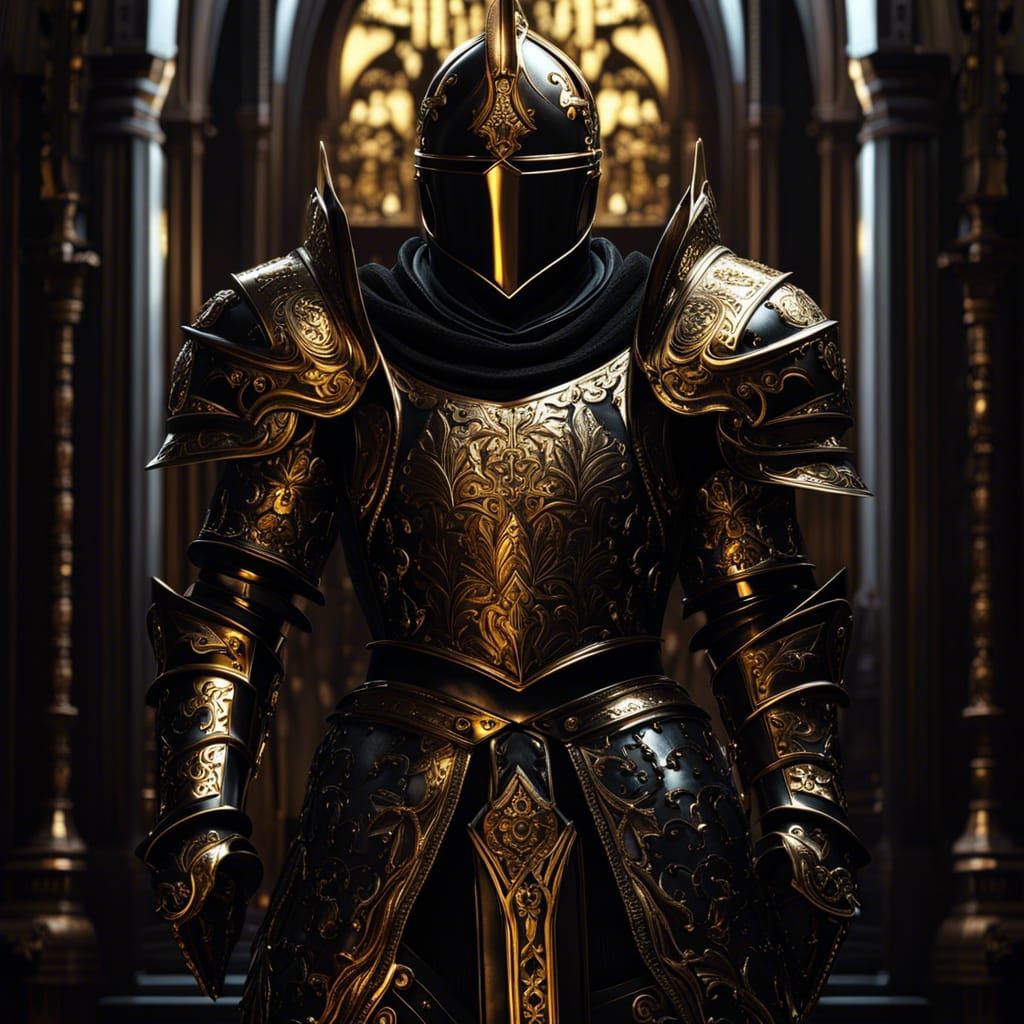Gothic Knight in Black and Gold Engraving