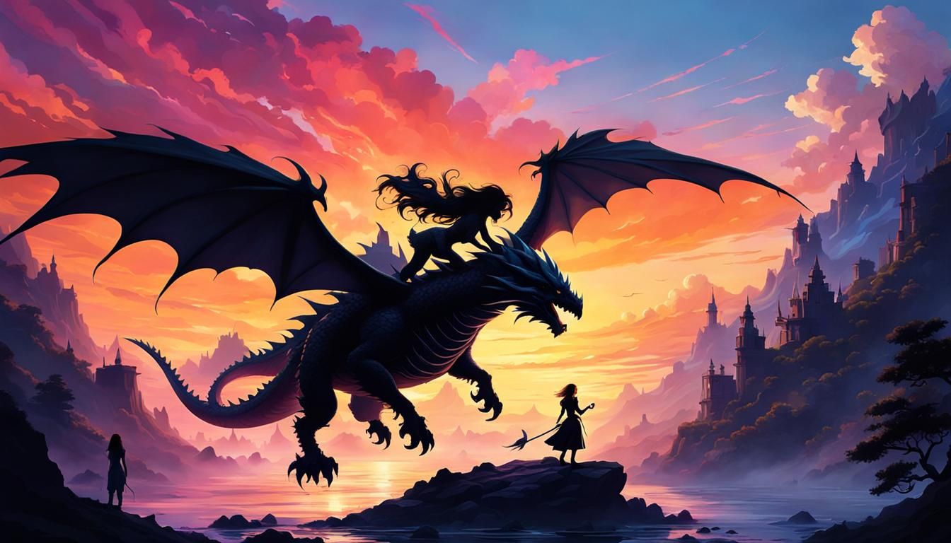 Dragon Rider Silhouette at Sunset: Fantasy Art