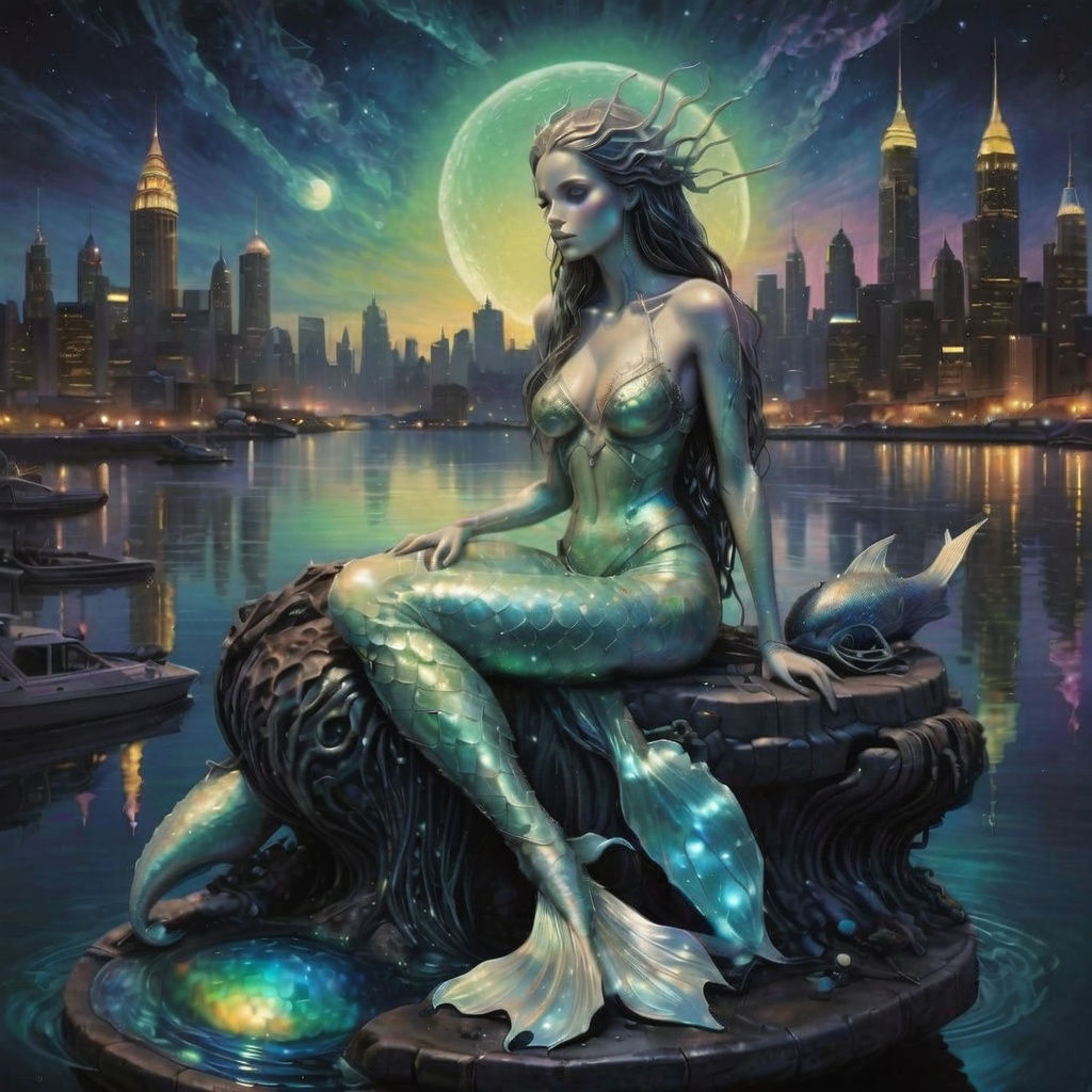 Bioluminescent Cyber Mermaid on Stone at Night