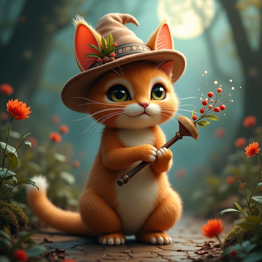 Magical Ginger Cat with Pepper Wand and Feathered Hat