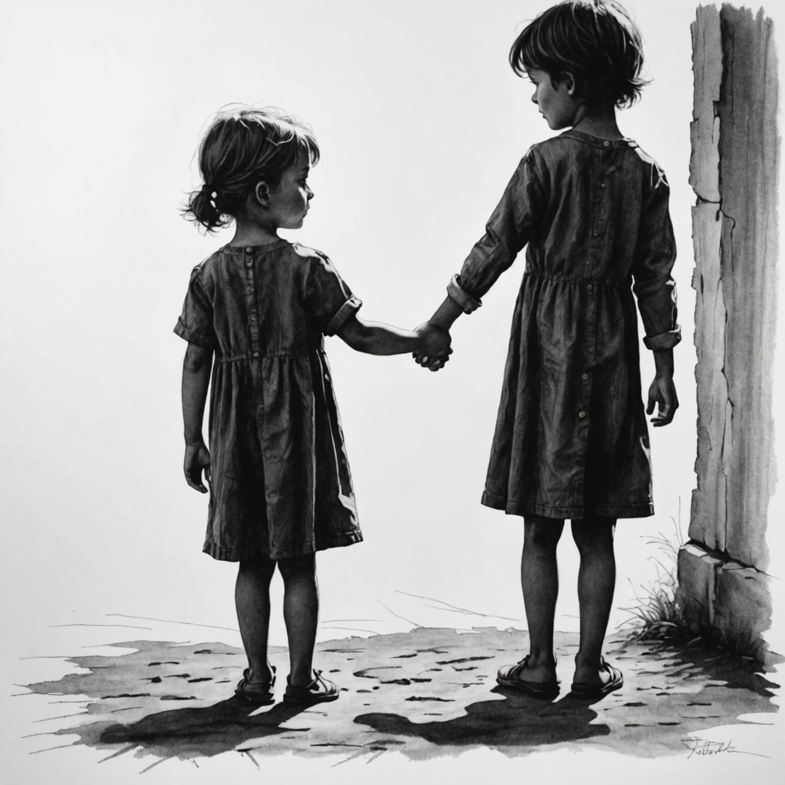 Intricate Charcoal Drawing of Brother and Sister