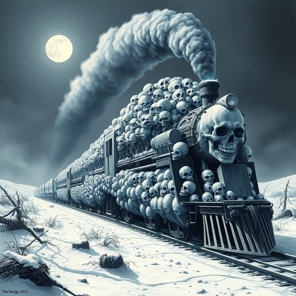 Skull Train in Snowy Landscape, Dark Fantasy Art