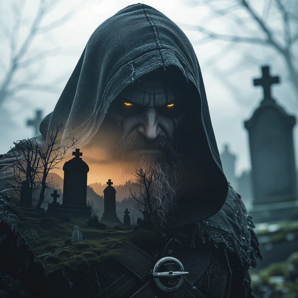 Undead Hunter Silhouette in Eerie Cemetery Double Exposure
