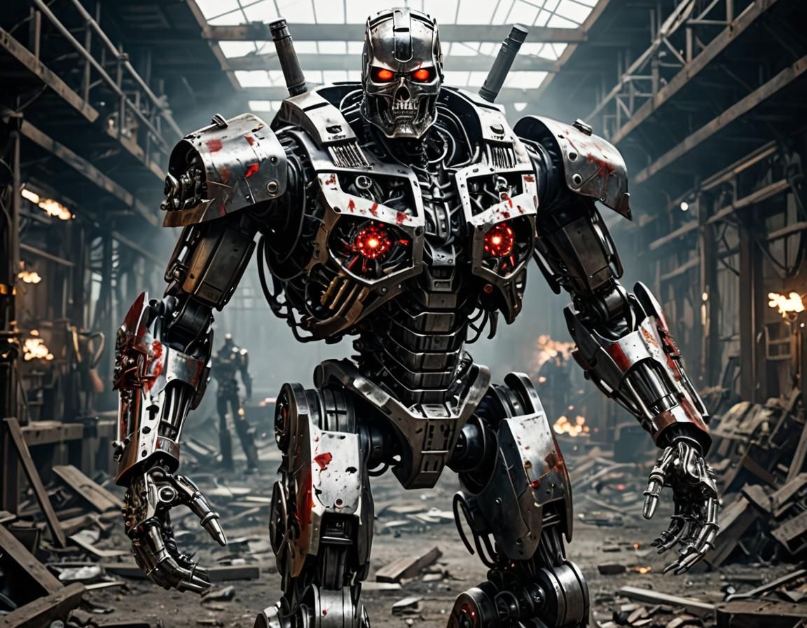 a T-600 terminator has been sent back in time to fight. Its metallic endoskeleton is visible