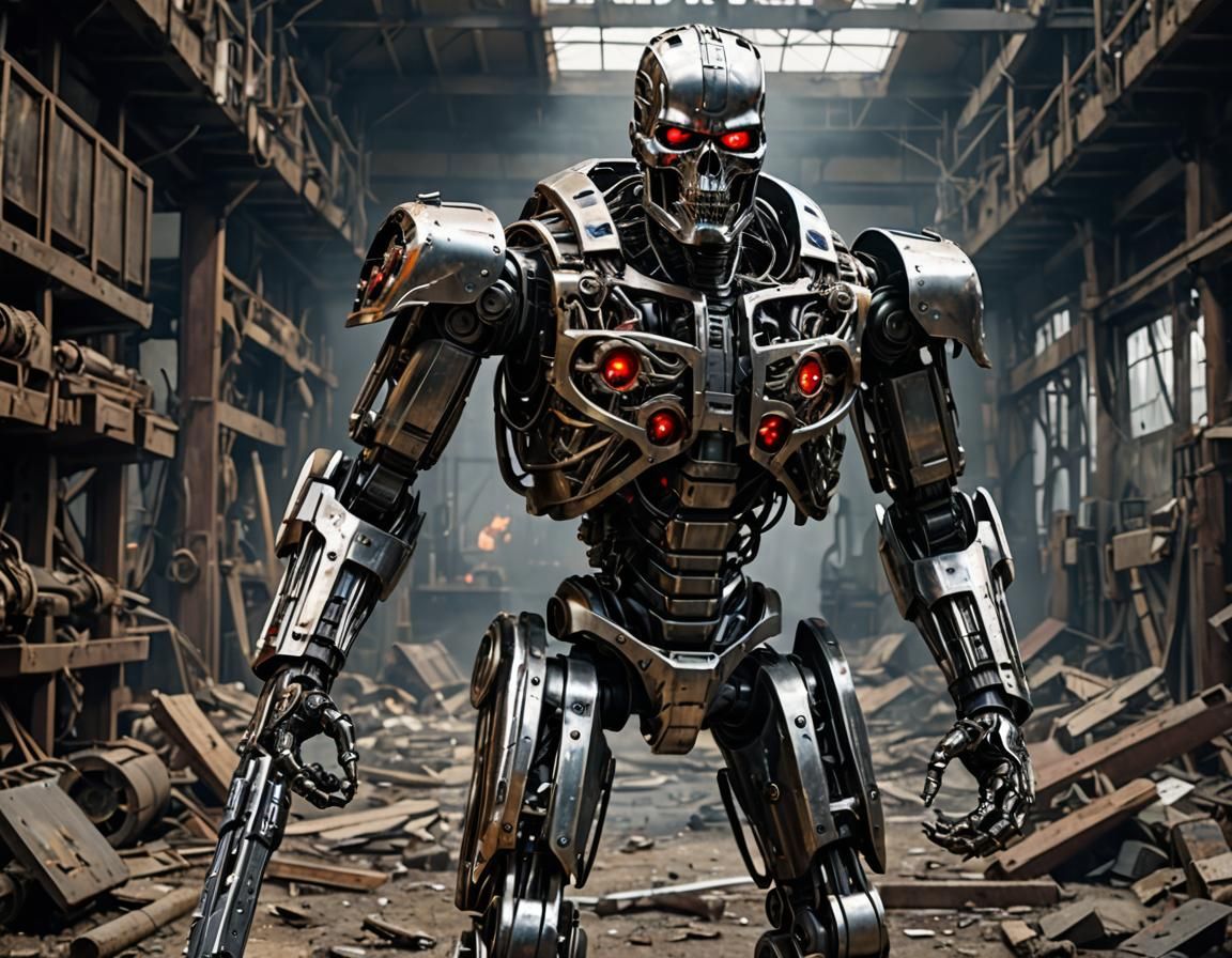 a T-600 terminator has been sent back in time to fight. Its metallic endoskeleton is visible