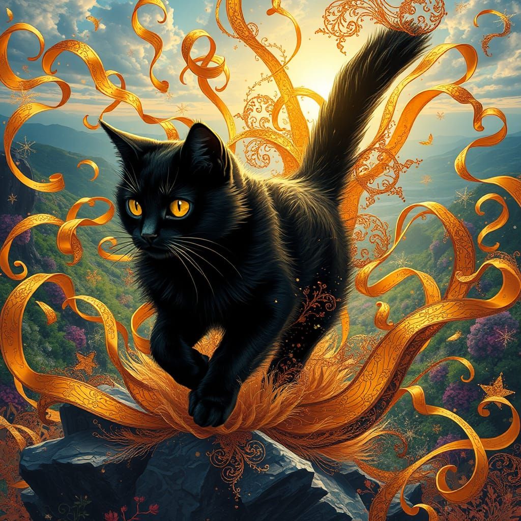 Dynamic Black Cat in Golden Ribbon Explosion