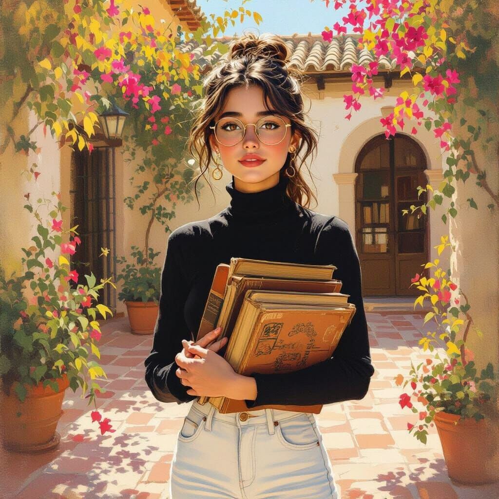Spanish Girl with Books in Sunlit Courtyard