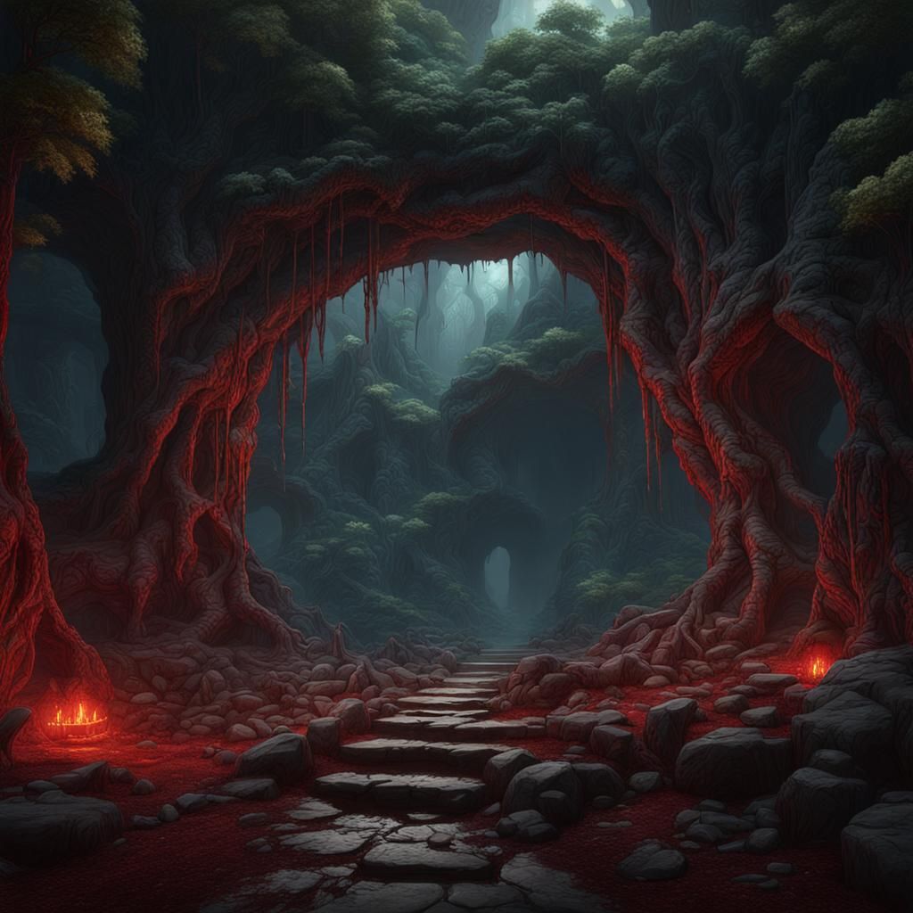 Dark Fantasy Forest Cave Entrance with Blood