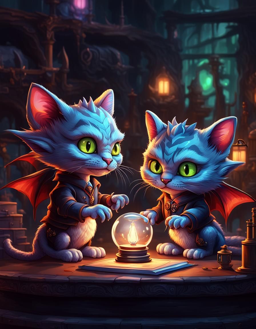 Mini Cat Professors Experimenting with Dragon, Dark Fantasy