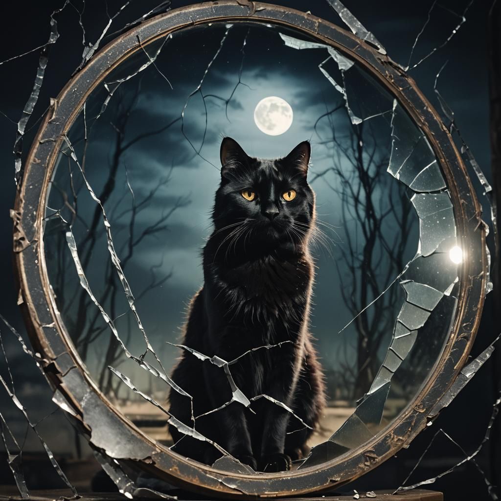 Black Cat Reflected in Broken Mirror on Misty Night