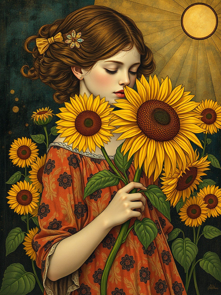 Girl with Sunflower in Burton-Klimt Style