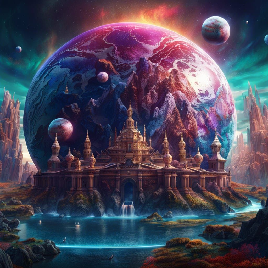 Diamond Planet with Mythical Creatures: Fantasy Concept Art