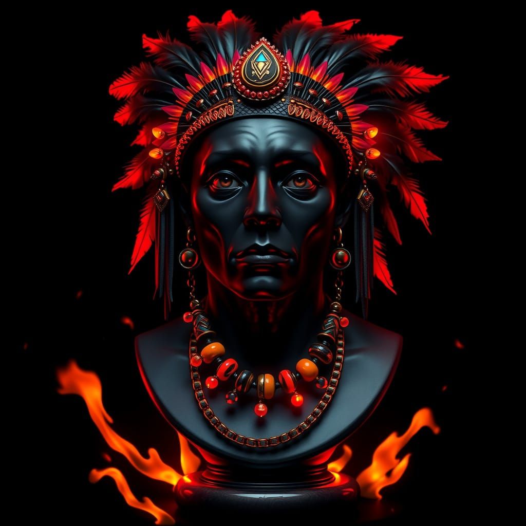 Mystical Dark-Skinned Figure in Tribal Jewelry with Fiery Em...