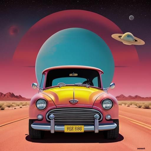 Pink Alien and Red Car in Desert Cartoon