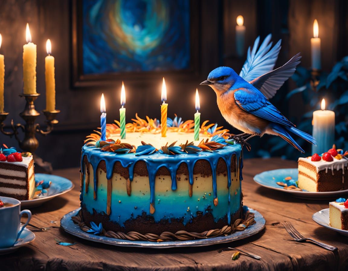 Whimsical Bluebird Soars Over Birthday Cake in Dreamy, Surre...