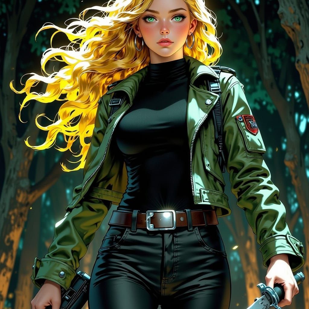 Mysterious Anime-Inspired Warrior with Lush Blond Hair and P...