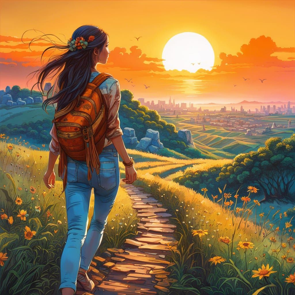 Girl Walks Path at Sunset: Hyperrealistic Digital Art