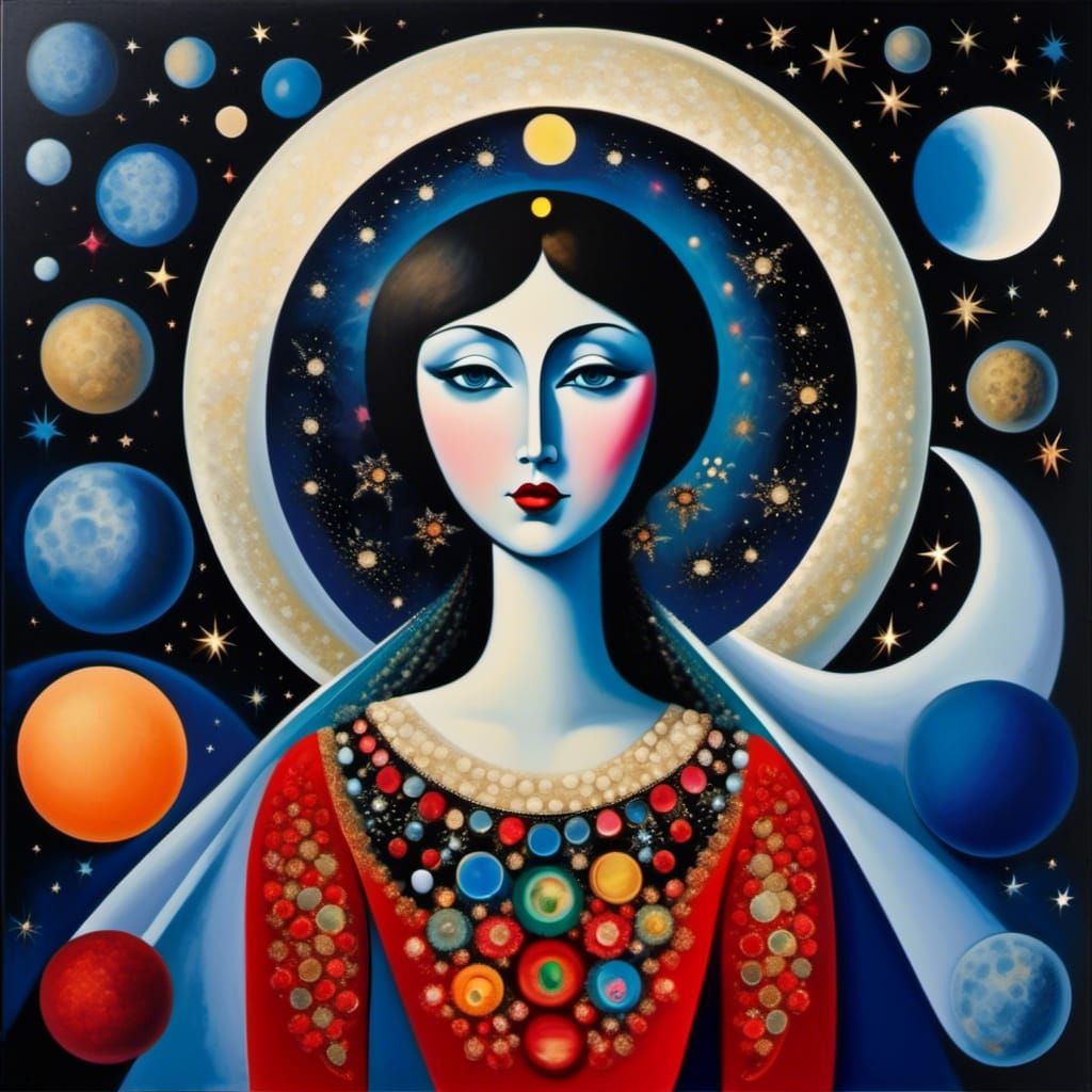 Surreal Moon Face Among Planets as Chagall Painting