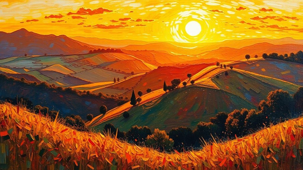Golden Hour Landscape Painting with Vibrant Impasto Textures