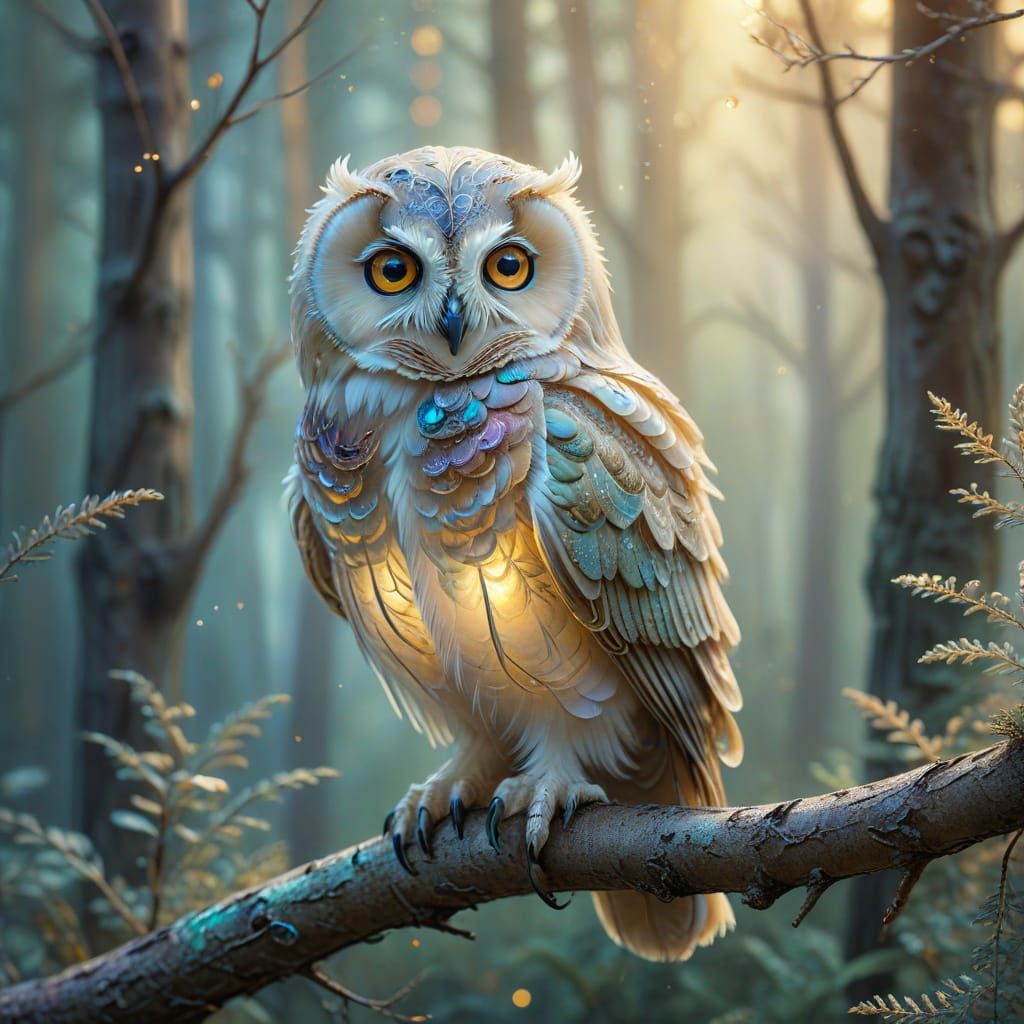 Delicate Opal Owl in Dreamy Watercolor Style